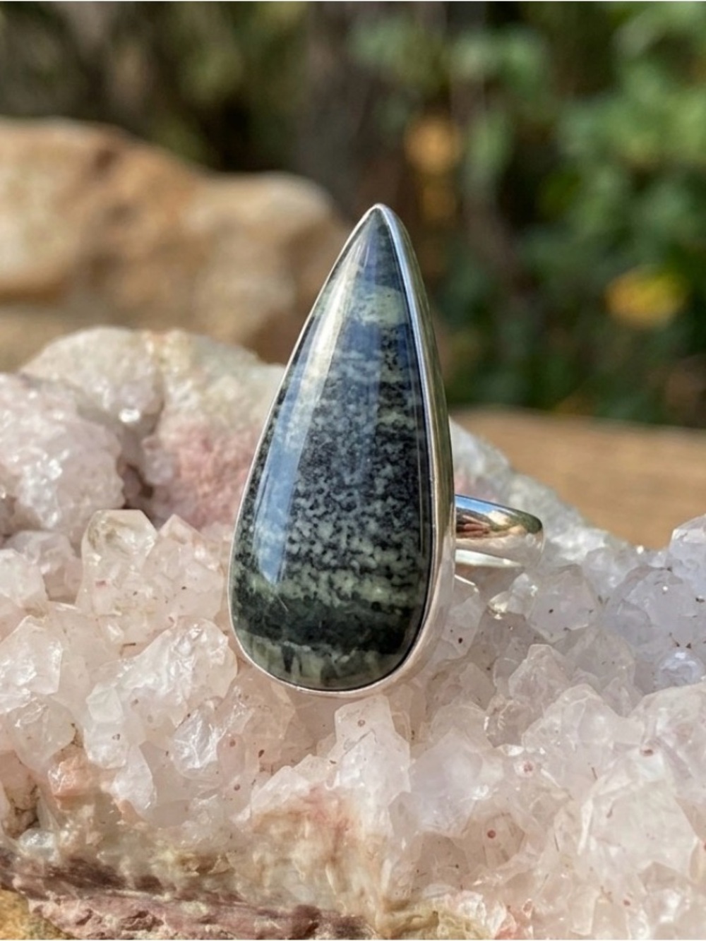Natural Vintage Sterling Silver 925 Green Zebra Jasper Teardrop Statement Ring